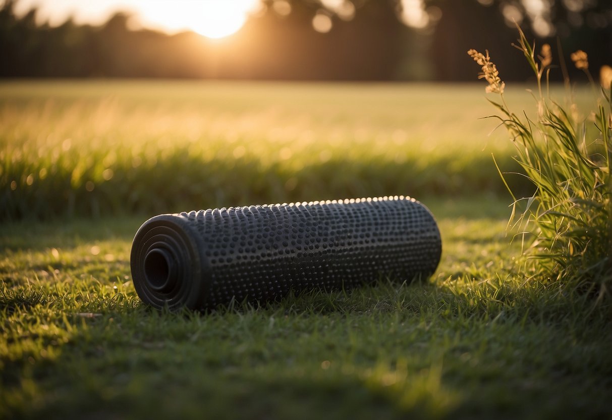 A foam roller sits on a grassy field surrounded by yoga mats. The sun is setting, casting a warm glow on the peaceful outdoor yoga space