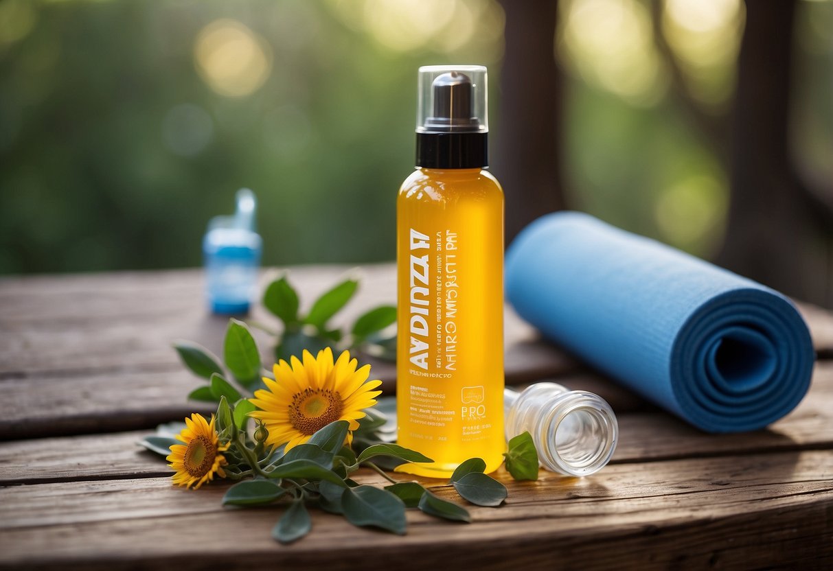 A tube of Arnica gel sits on a rustic wooden table surrounded by yoga mats, water bottles, and outdoor scenery