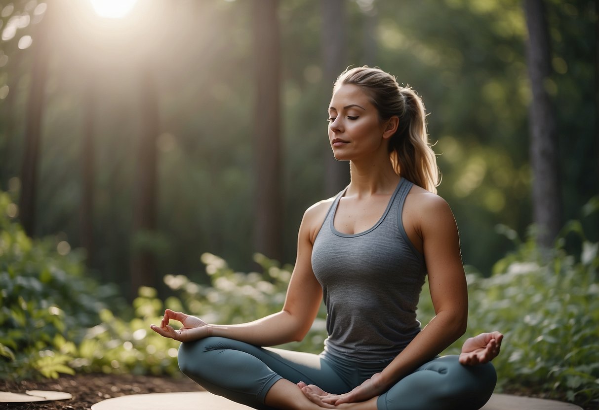 A serene outdoor setting with a person in yoga attire, surrounded by nature, practicing deep breathing. The scene exudes tranquility and post-yoga recovery