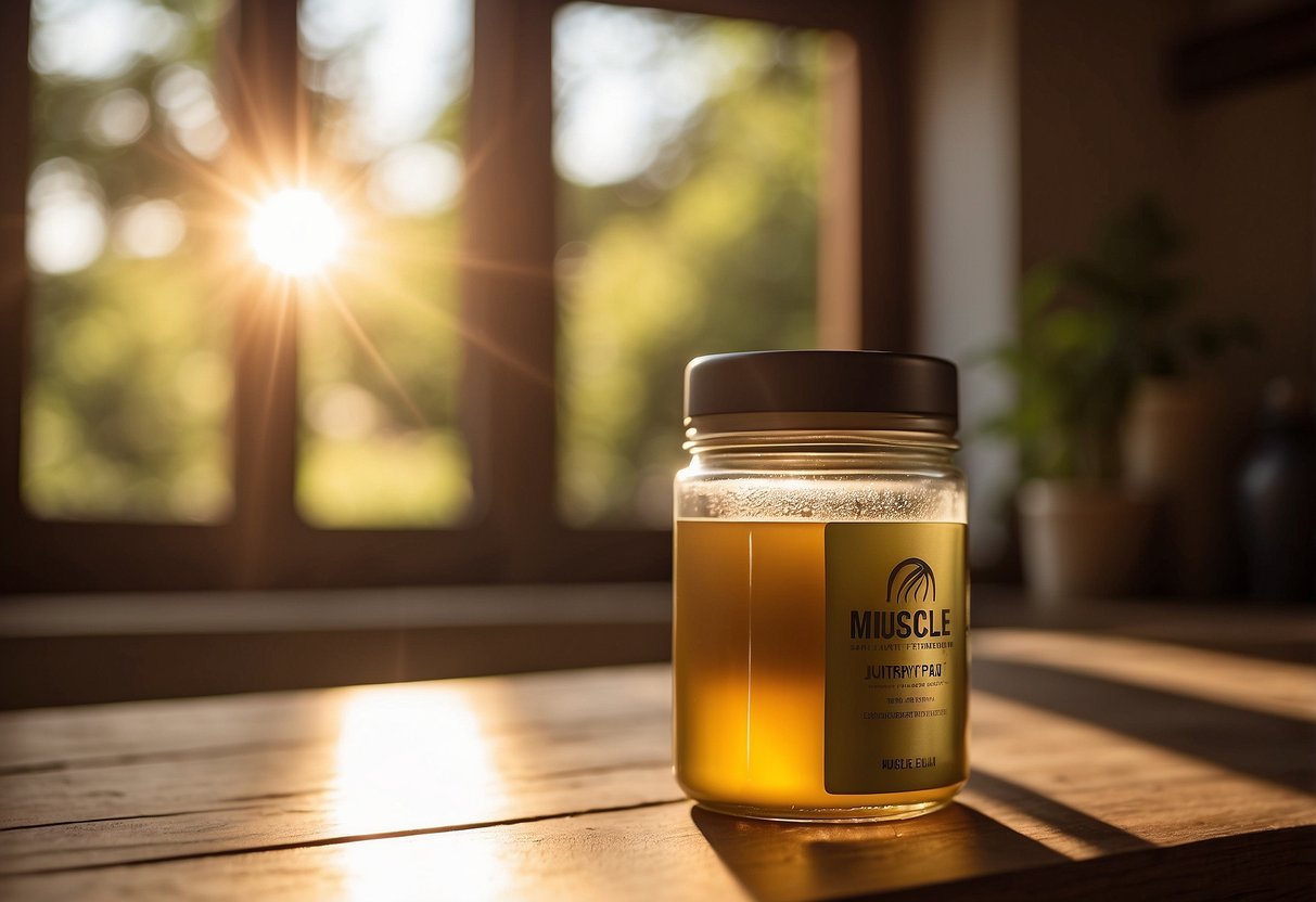 A jar of muscle recovery balm sits on a wooden table next to a yoga mat and water bottle. The sun shines through an open window, casting a warm glow on the peaceful scene