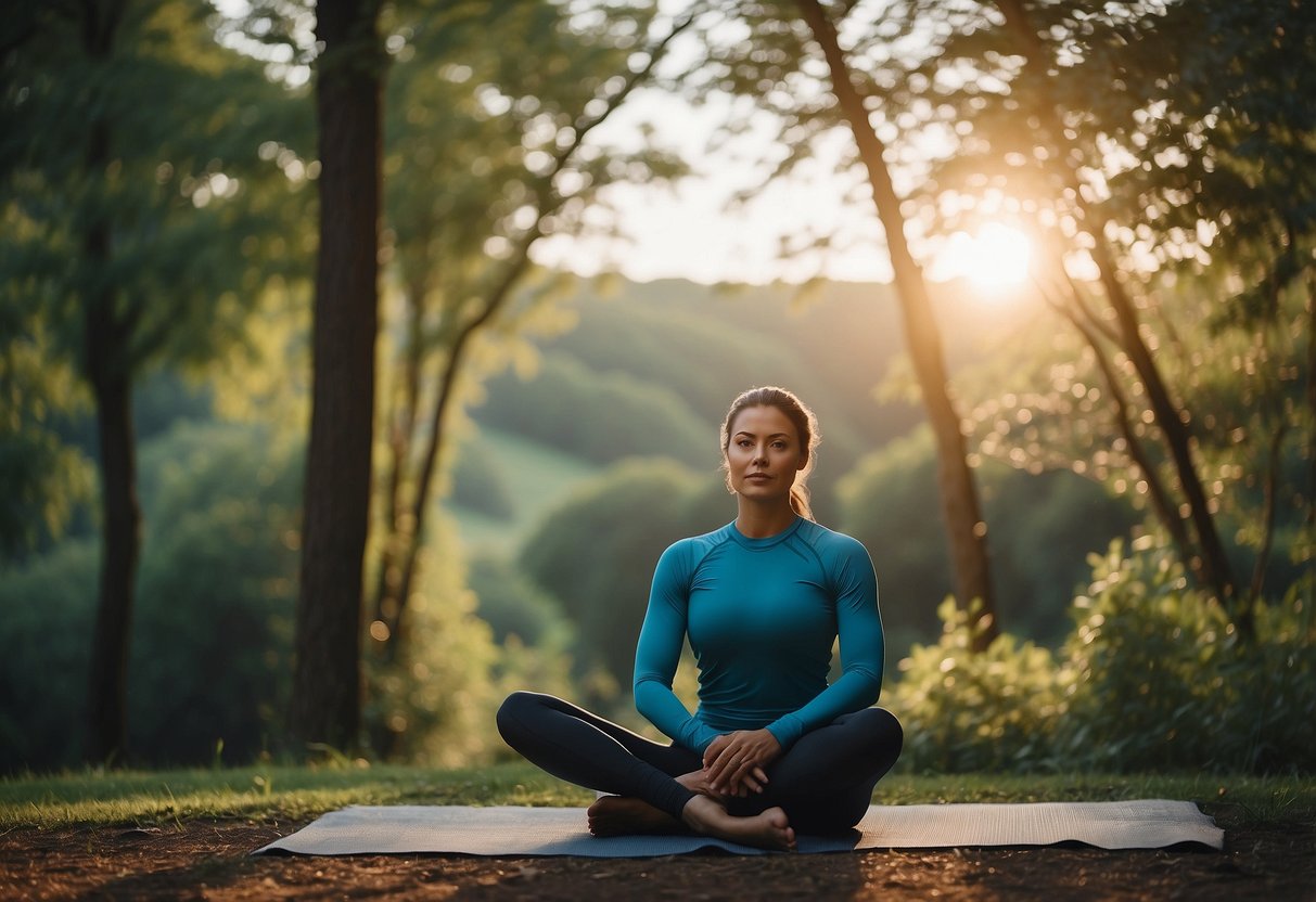 A person in compression clothing rests in a serene outdoor setting after yoga practice. Surrounding nature and a peaceful atmosphere convey post-yoga recovery