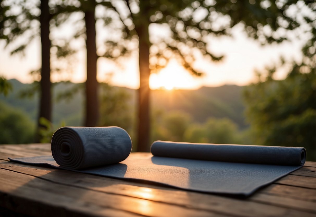 A serene outdoor setting with a yoga mat surrounded by nature. The sun is setting, casting a warm glow over the peaceful scene. A gentle breeze rustles the leaves as the mat sits empty, waiting for its next use