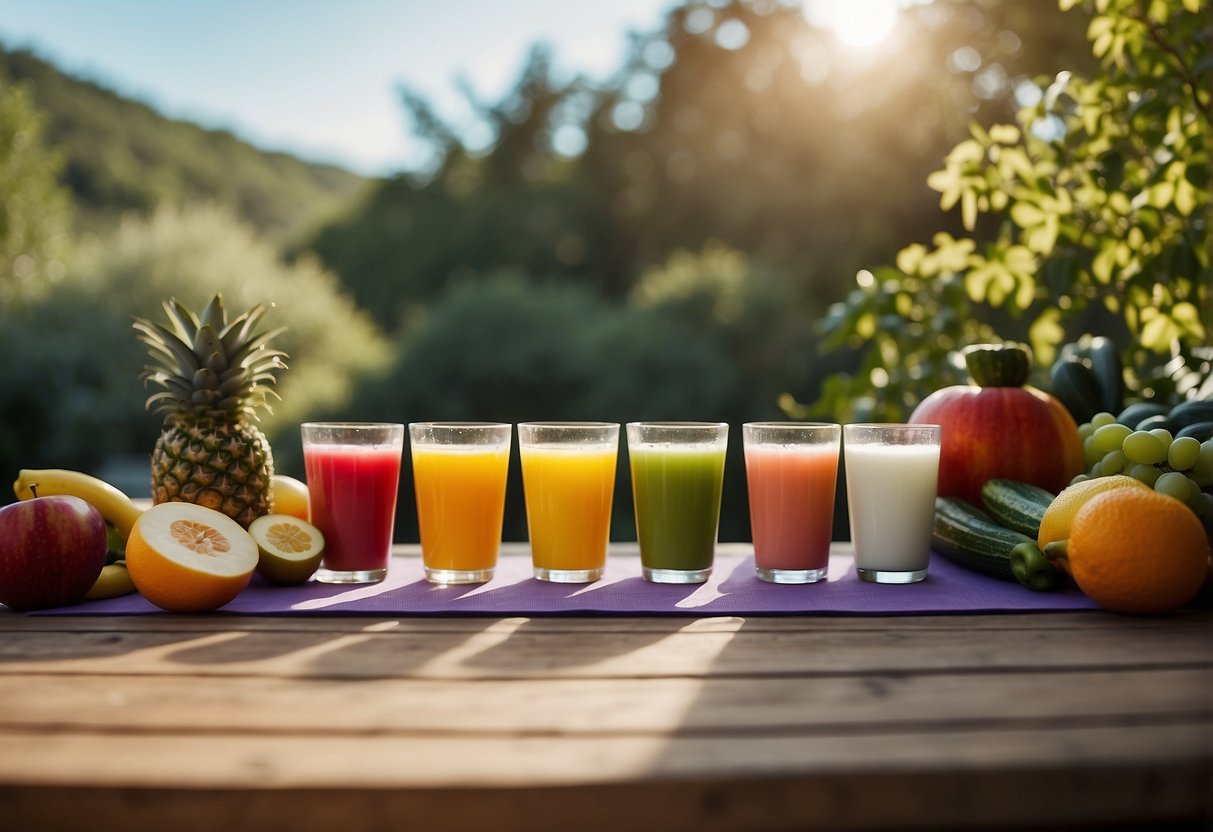 A serene outdoor yoga space with a backdrop of nature, featuring a colorful array of fresh fruits, vegetables, and hydration sources for optimal post-yoga recovery