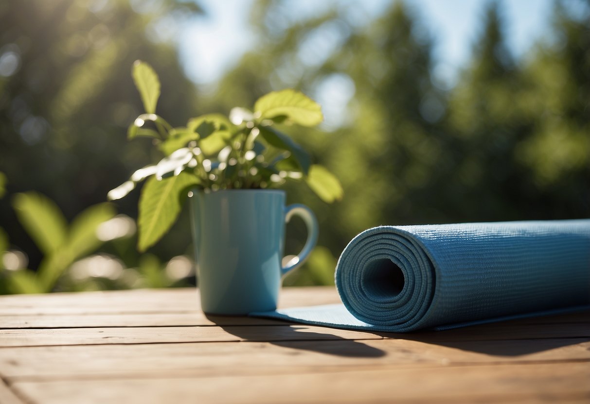 A serene outdoor setting with a yoga mat surrounded by lush greenery and a clear blue sky. A gentle breeze rustles the leaves as the sun shines down, creating a peaceful and motivating atmosphere