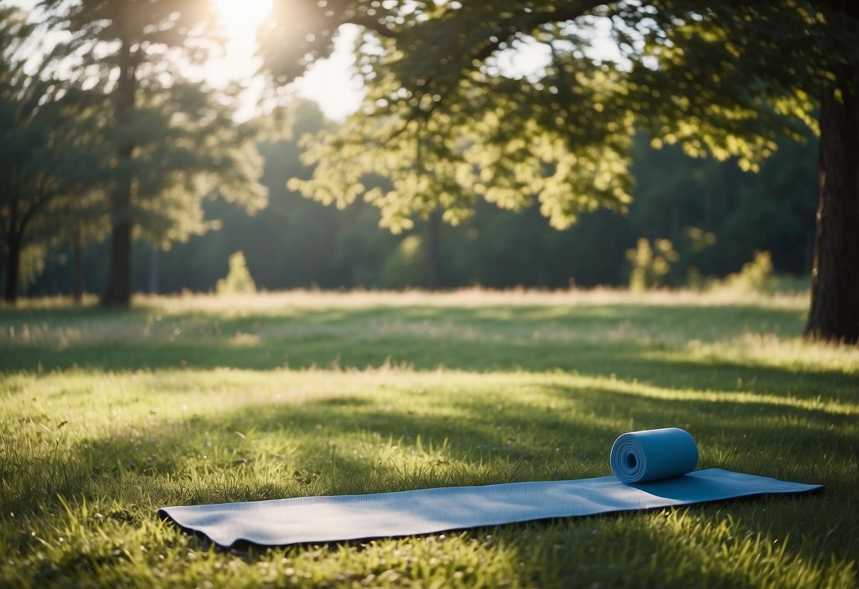 A serene outdoor setting with a yoga mat laid out on lush green grass, surrounded by tall trees and a clear blue sky. The sun is shining, creating a peaceful and inviting atmosphere for a long yoga session