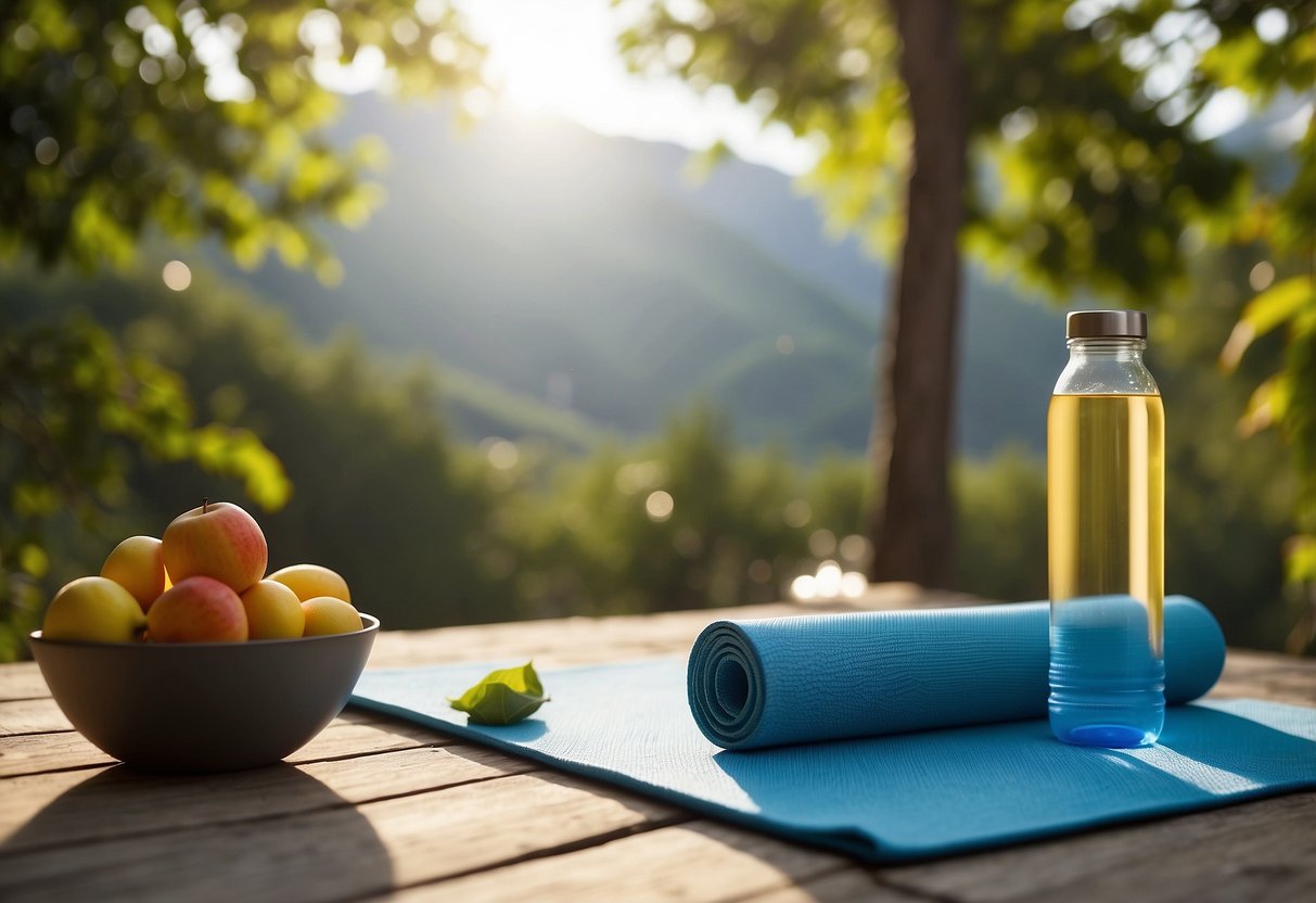 Bright sun, blue sky, lush greenery, and a water bottle and healthy snacks nearby. Yoga mat set up in a serene outdoor space