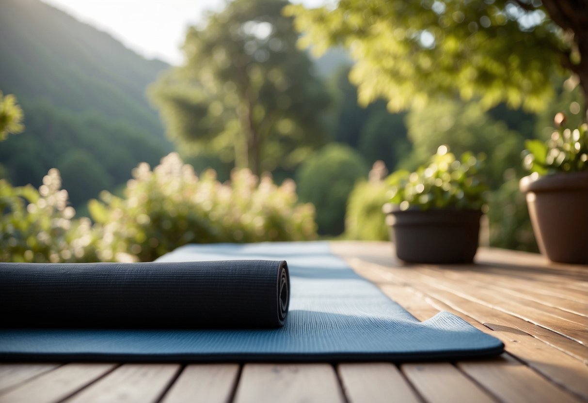 A serene outdoor yoga space with a clear blue sky, lush greenery, and a peaceful setting. A yoga mat is laid out with props nearby, and a sense of tranquility and motivation fills the air