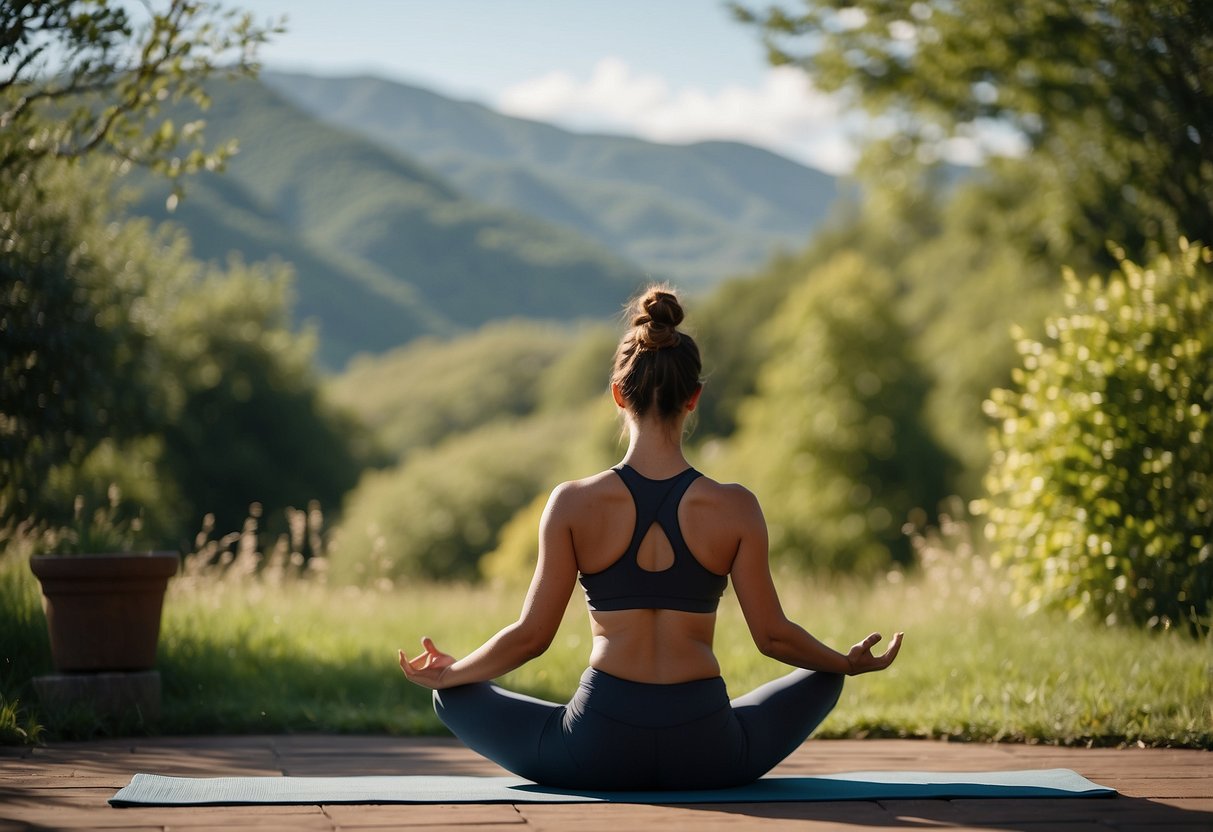 A serene outdoor yoga setting with a lush green landscape, a clear blue sky, and a peaceful soundtrack of motivational music playing in the background