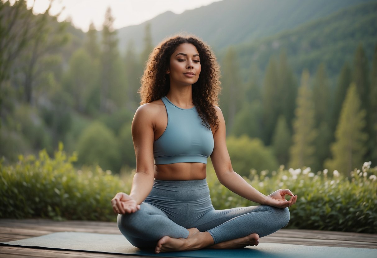 A woman in Lululemon Align Pant II practices yoga in a serene outdoor setting, surrounded by nature and feeling comfortable and at ease