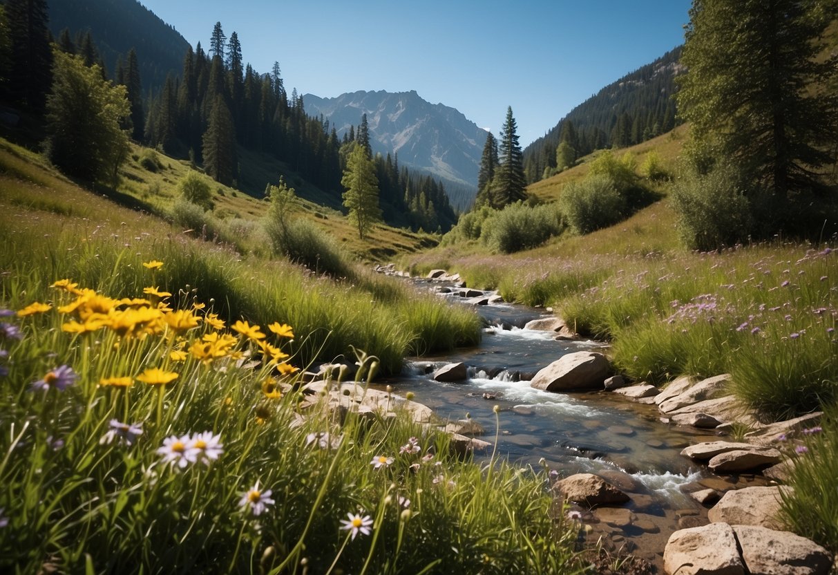 A serene mountain landscape with a tranquil stream, surrounded by lush greenery and vibrant wildflowers, under a clear blue sky