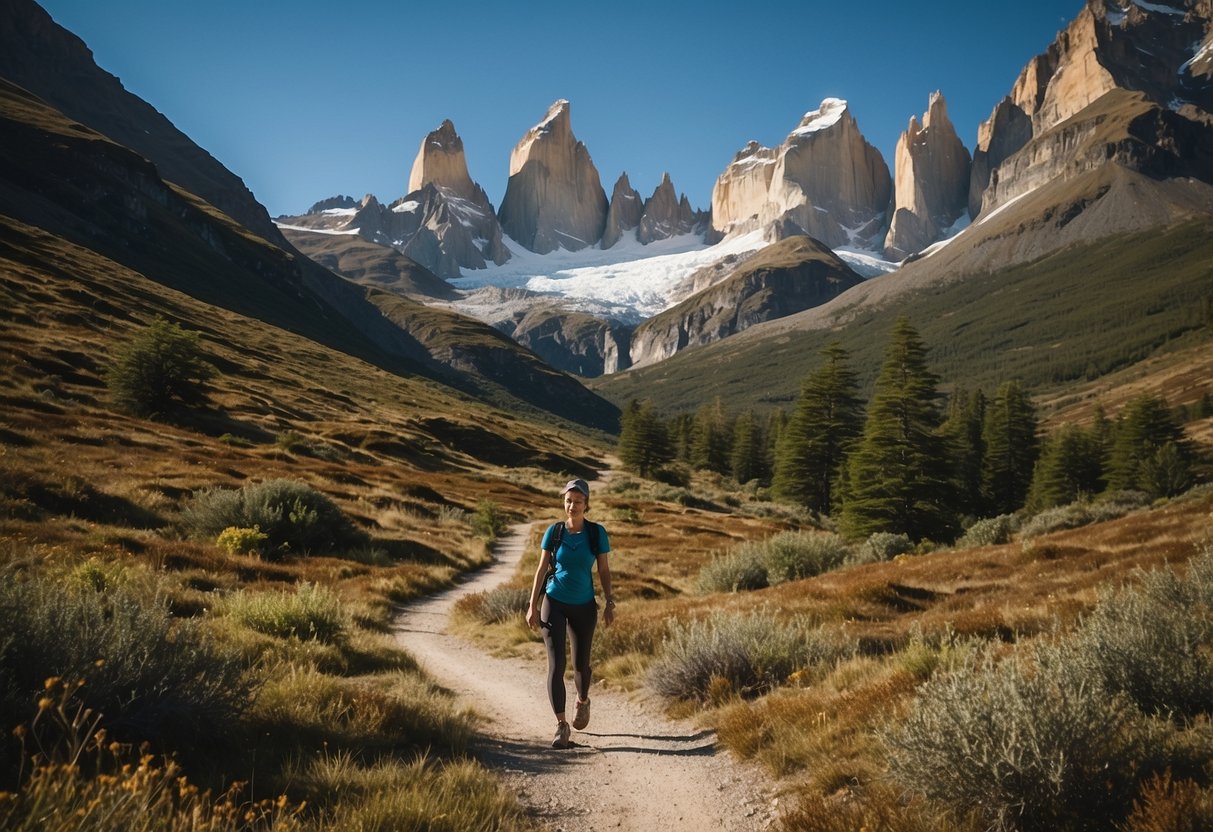 A serene mountain landscape with a winding trail, surrounded by lush greenery and a clear blue sky, showcasing the Patagonia Nine Trails Pants in action