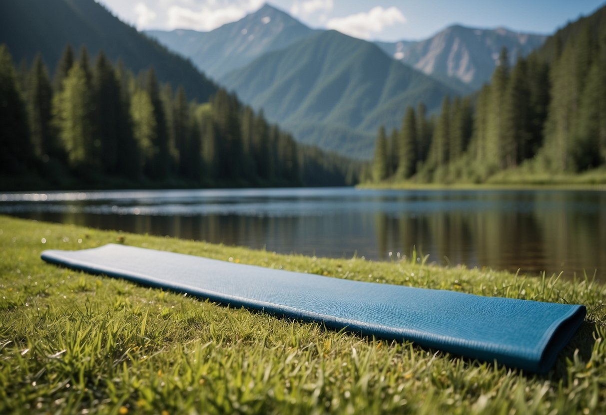 A serene mountain setting with lush greenery, a flowing river, and a clear blue sky. A yoga mat is placed on the grass, surrounded by trees, creating a peaceful and tranquil environment for outdoor yoga practice