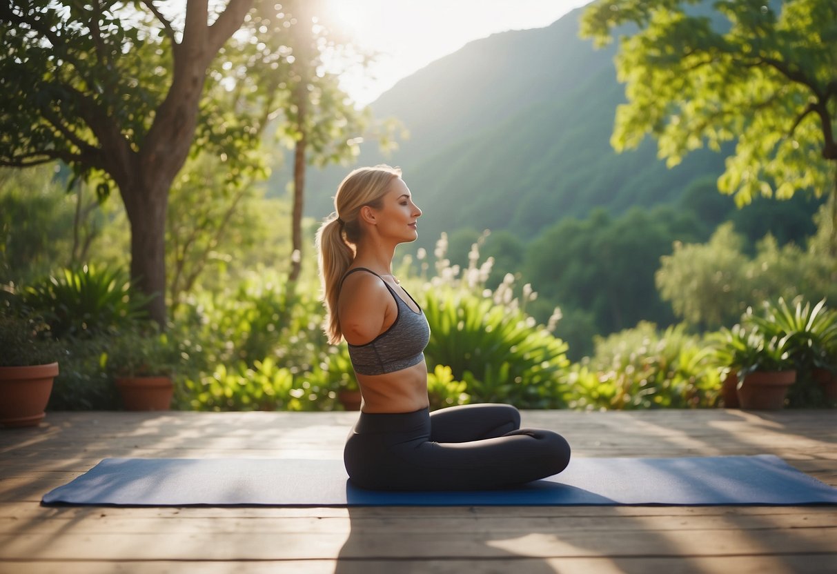 A woman in comfortable yoga pants practices outdoor yoga in sunny weather, surrounded by lush greenery and serene natural surroundings