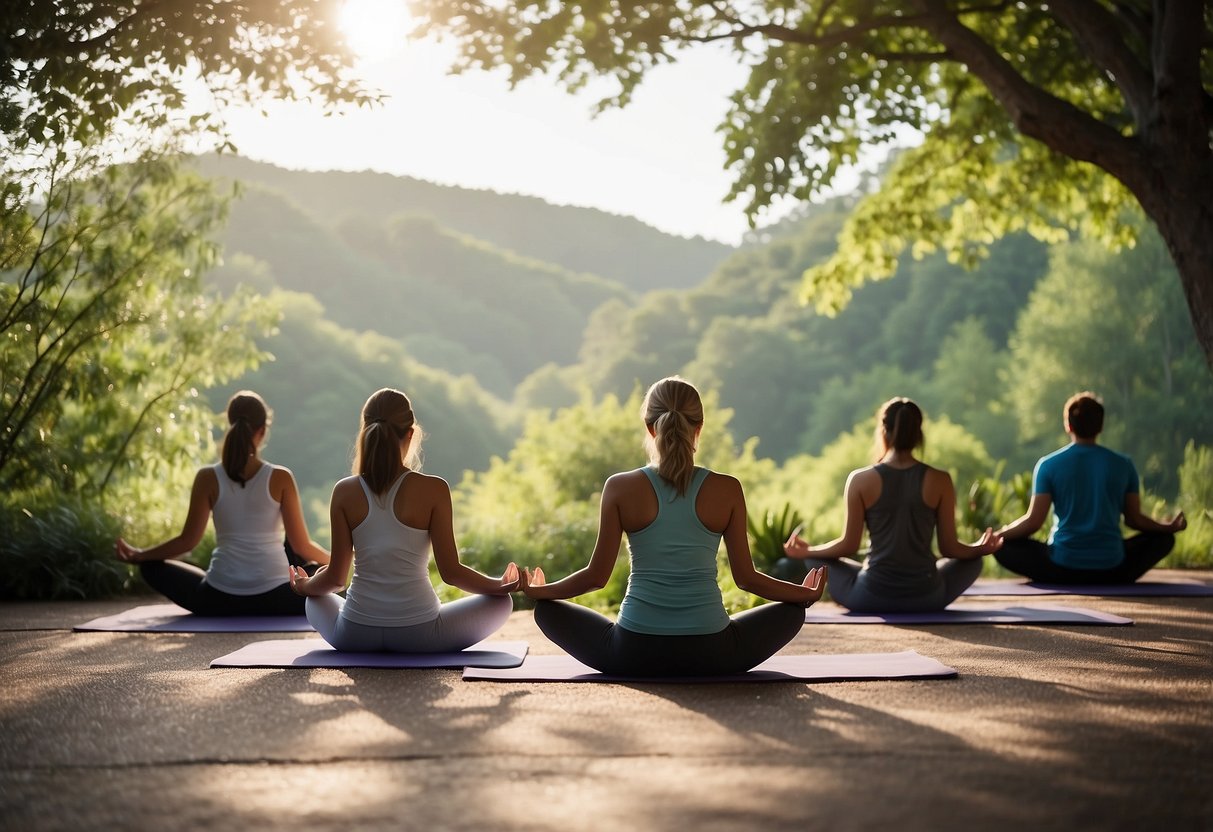 People use 10 outdoor yoga apps. A serene setting with trees, a clear sky, and a peaceful atmosphere