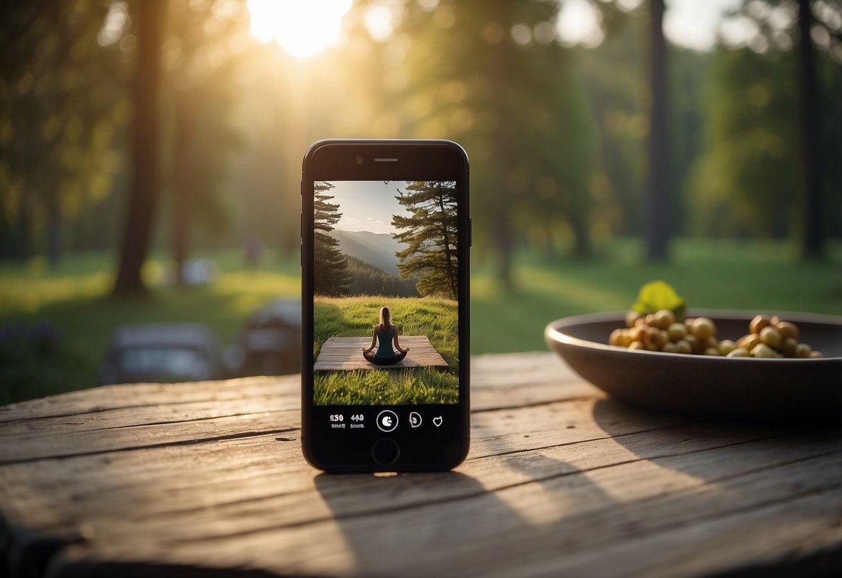 A serene outdoor setting with a smartphone displaying the Down Dog Yoga app, surrounded by nature and sunlight