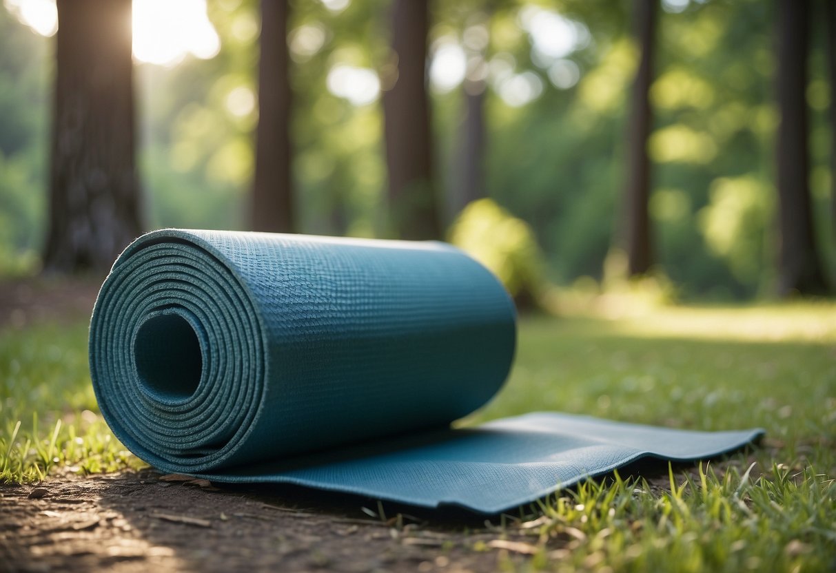 A serene outdoor setting with a clear blue sky, lush green grass, and tall trees. A yoga mat is laid out on the ground, surrounded by peaceful nature