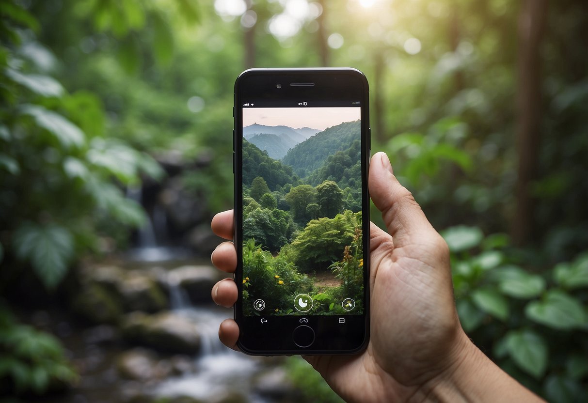 A serene nature scene with a smartphone displaying yoga apps, surrounded by lush greenery and a peaceful outdoor setting