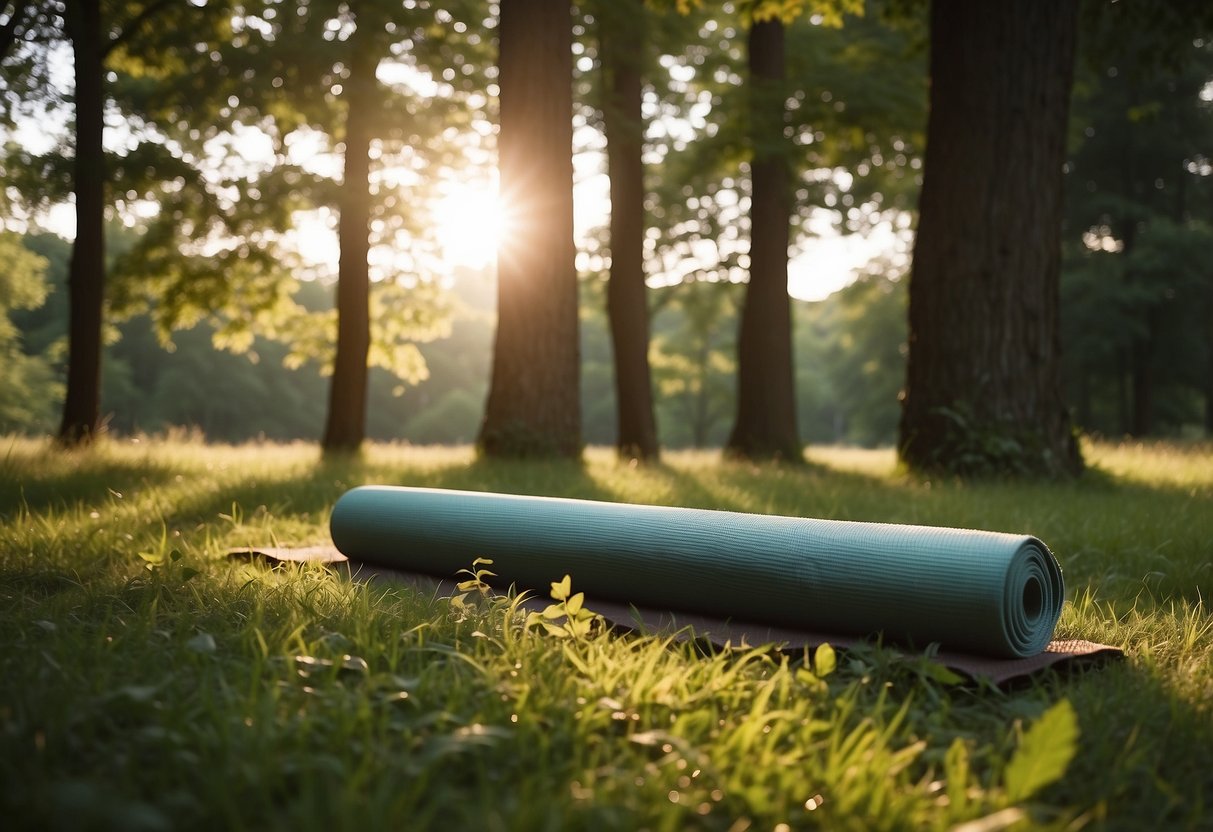 Bright sunlight filters through tall trees onto a lush, grassy clearing. A yoga mat is laid out, surrounded by nature sounds and the gentle rustling of leaves