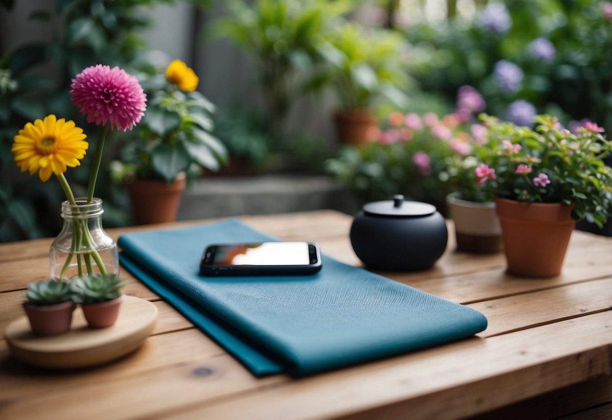 A serene backyard with a yoga mat, surrounded by lush greenery and colorful flowers. A smartphone with a yoga app displayed on the screen sits nearby