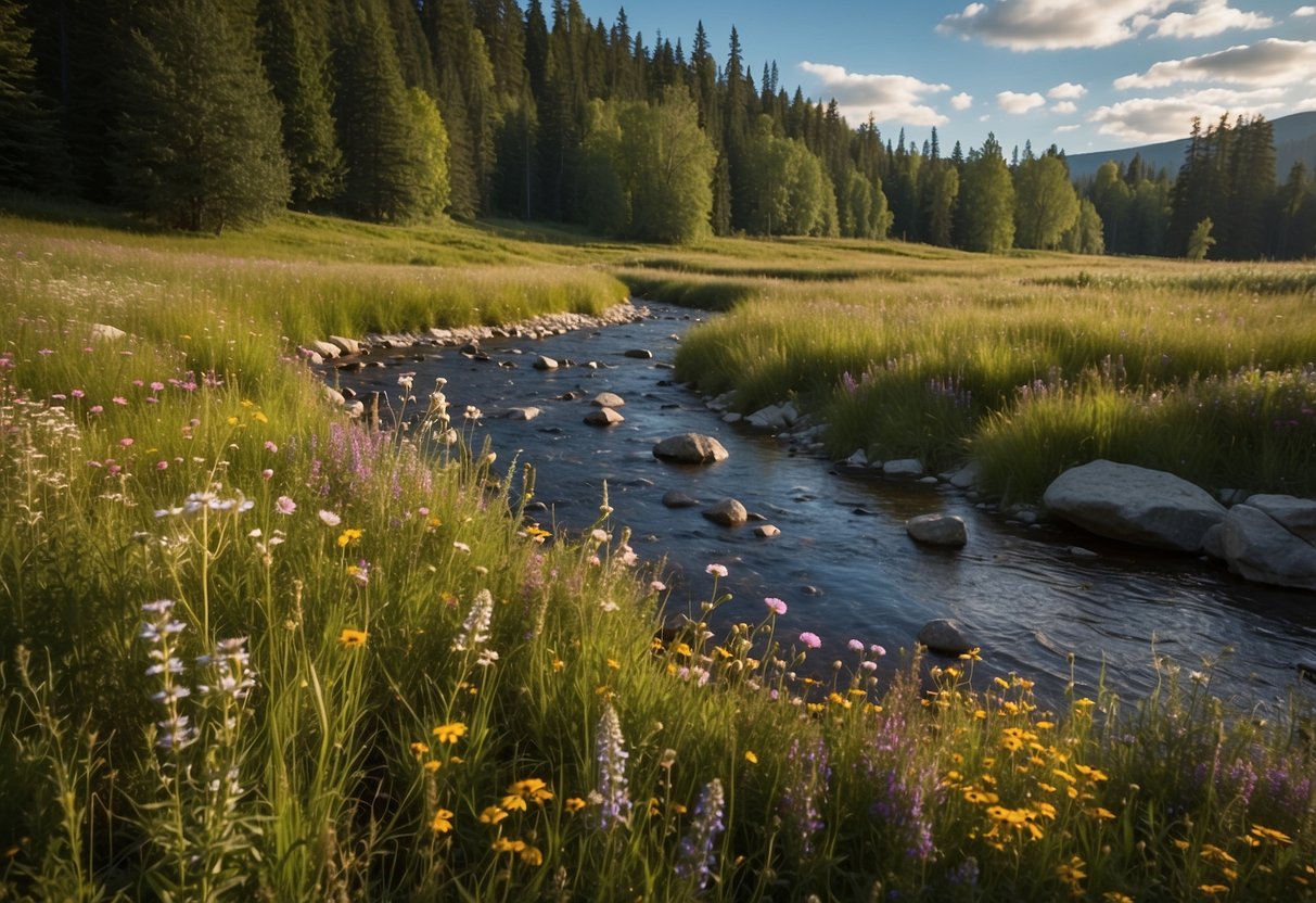 A serene meadow with a babbling brook, surrounded by tall trees and colorful wildflowers. A clear blue sky with fluffy white clouds overhead, creating a peaceful and tranquil atmosphere