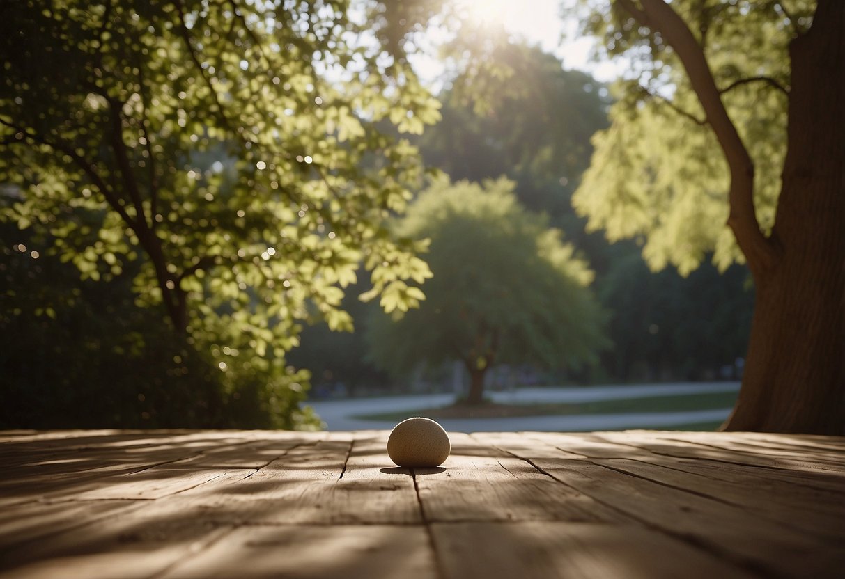 A serene outdoor setting with dappled sunlight filtering through the trees, creating a peaceful and secluded spot for yoga practice. Birdsong fills the air, and a gentle breeze rustles the leaves, adding to the tranquil atmosphere