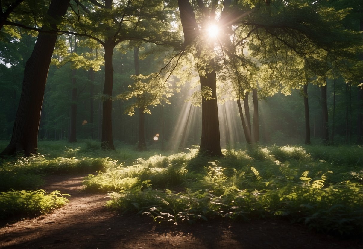 A serene forest clearing with dappled sunlight filtering through the trees, creating natural shade for a peaceful outdoor yoga practice