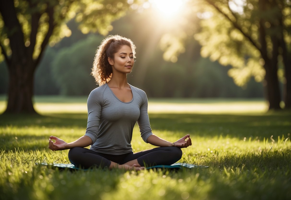 A figure searches for a serene outdoor yoga spot, surrounded by lush green grass and trees, with the sun casting a warm glow on the peaceful scene