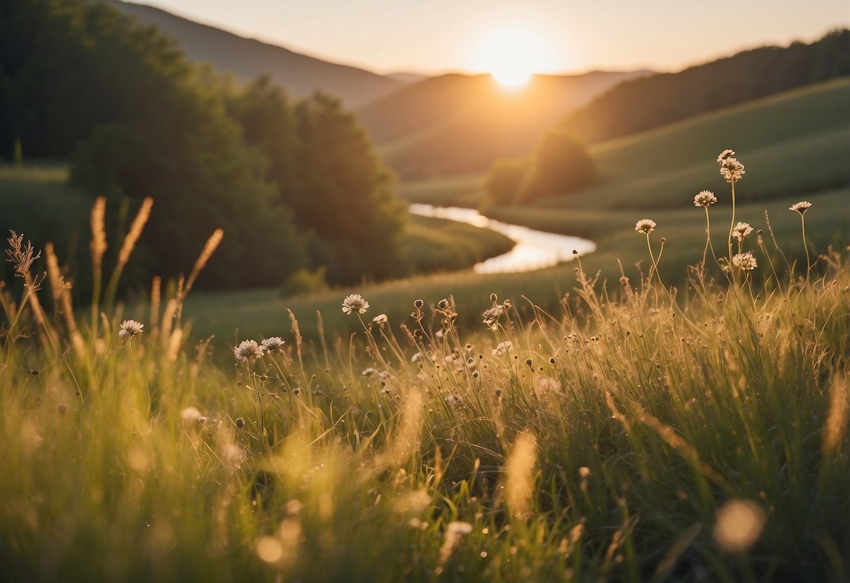 A serene meadow with tall grass and wildflowers, surrounded by gentle rolling hills and a clear, calm stream. The sun is shining, casting a warm glow over the peaceful outdoor yoga spot