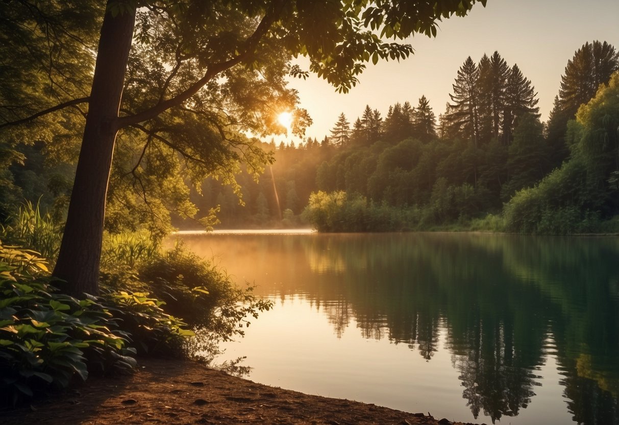 A serene lake reflects the golden hues of the setting sun, surrounded by lush greenery and the sounds of nature. A perfect spot for outdoor yoga