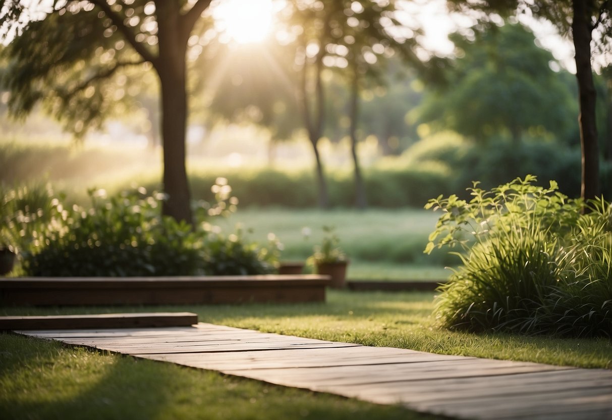 A serene outdoor space with lush greenery and a clear, open area for yoga practice. Minimal foot traffic and peaceful surroundings create the perfect setting for outdoor yoga