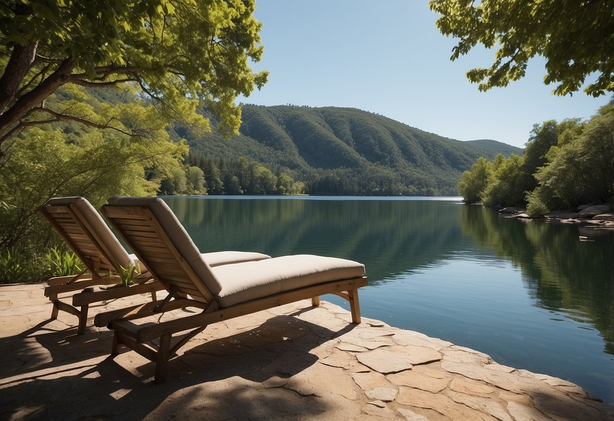 A serene outdoor setting with lush greenery, clear blue skies, and a peaceful body of water. Surroundings should convey a sense of safety and tranquility, with minimal human impact on the environment