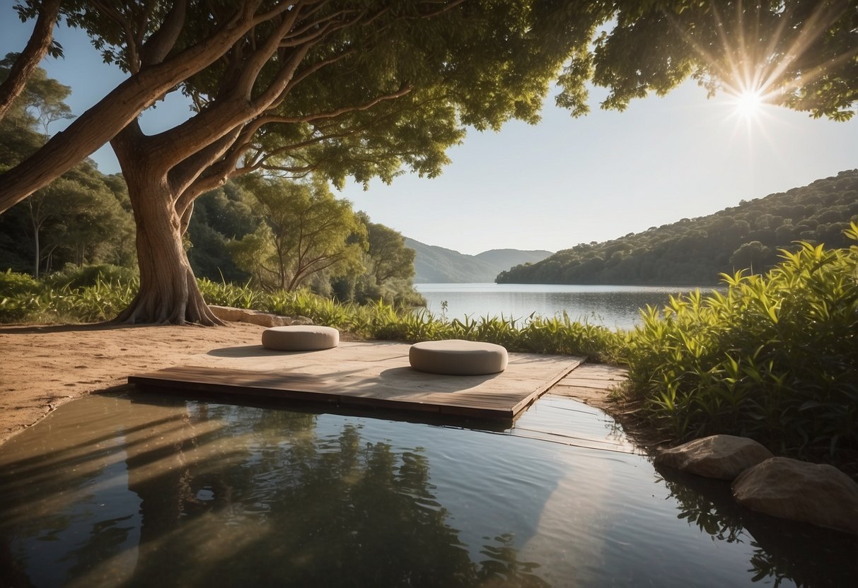 A serene outdoor setting with lush greenery, a calm body of water, and a clear, open sky. The spot should provide privacy and tranquility for a peaceful yoga practice