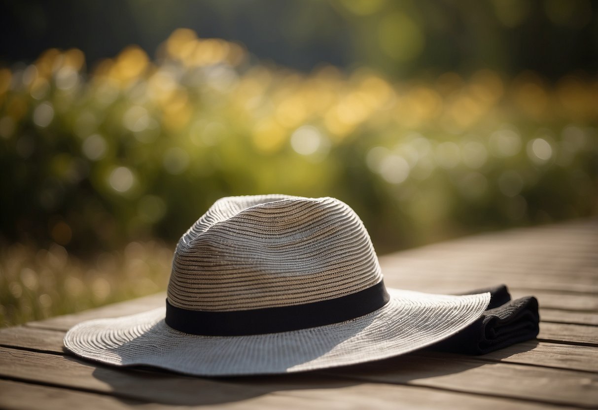 A woman's lightweight sun hat, folded and packed in a mesh bag, sits on a yoga mat in an outdoor setting