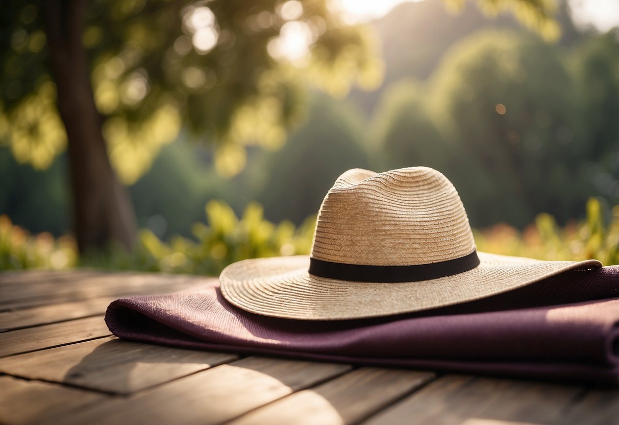 A woman's lightweight sun hat rests on a yoga mat in a peaceful outdoor setting, surrounded by nature and sunlight