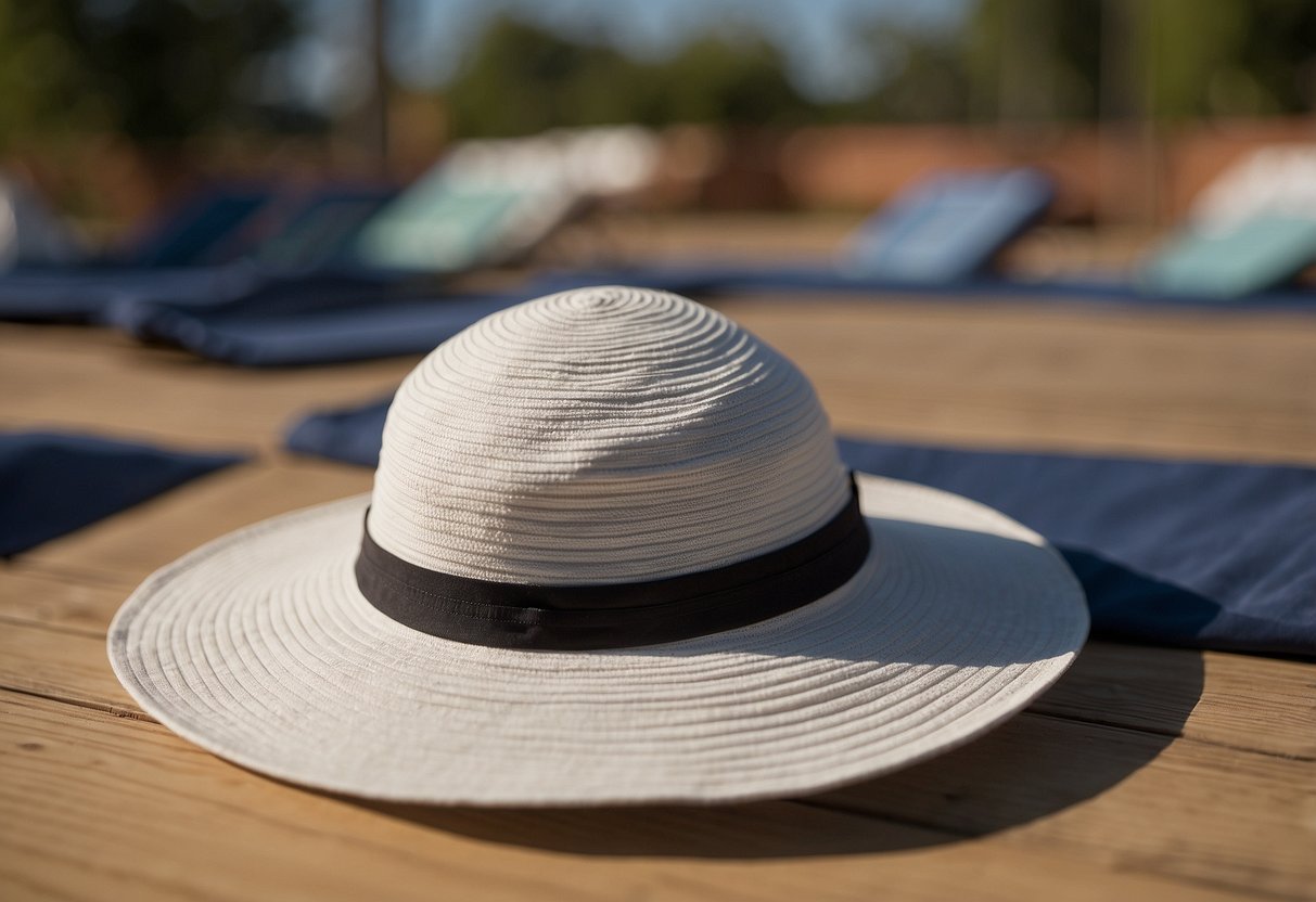 A woman's bucket hat with UPF 50+ protection, sitting on a yoga mat in an outdoor setting with lightweight and breathable material