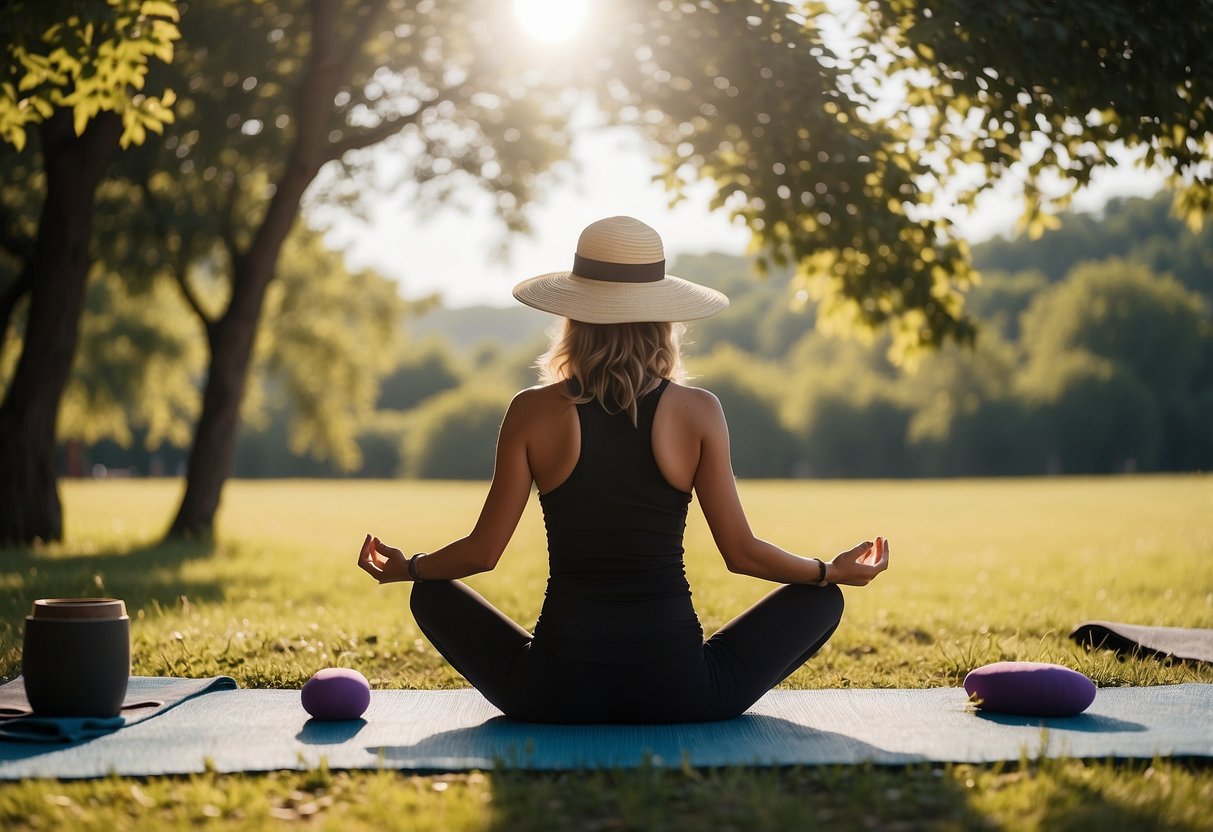 A sunny outdoor yoga scene with a woman wearing a wide-brimmed UV protection hat, folded and placed next to a yoga mat