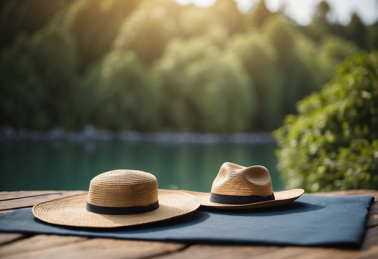 A sunny outdoor setting with a woman's hat placed on a yoga mat surrounded by nature and a serene atmosphere