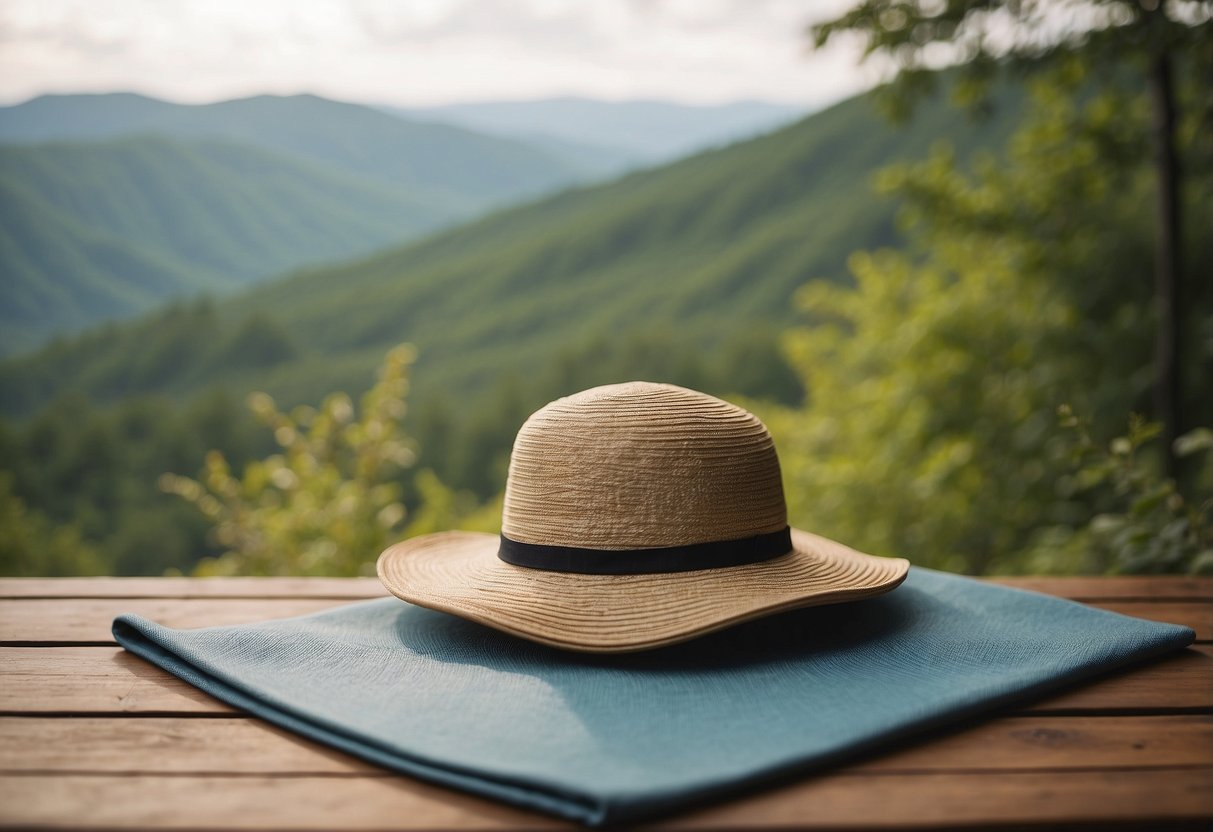 A woman's yoga hat sits atop a serene outdoor yoga mat, surrounded by nature. The lightweight material and stylish design make it a perfect accessory for outdoor yoga practice