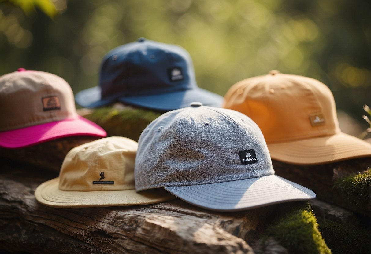 A sunny outdoor setting with women's lightweight yoga hats on display, surrounded by nature and possibly with a yoga mat or other outdoor yoga accessories