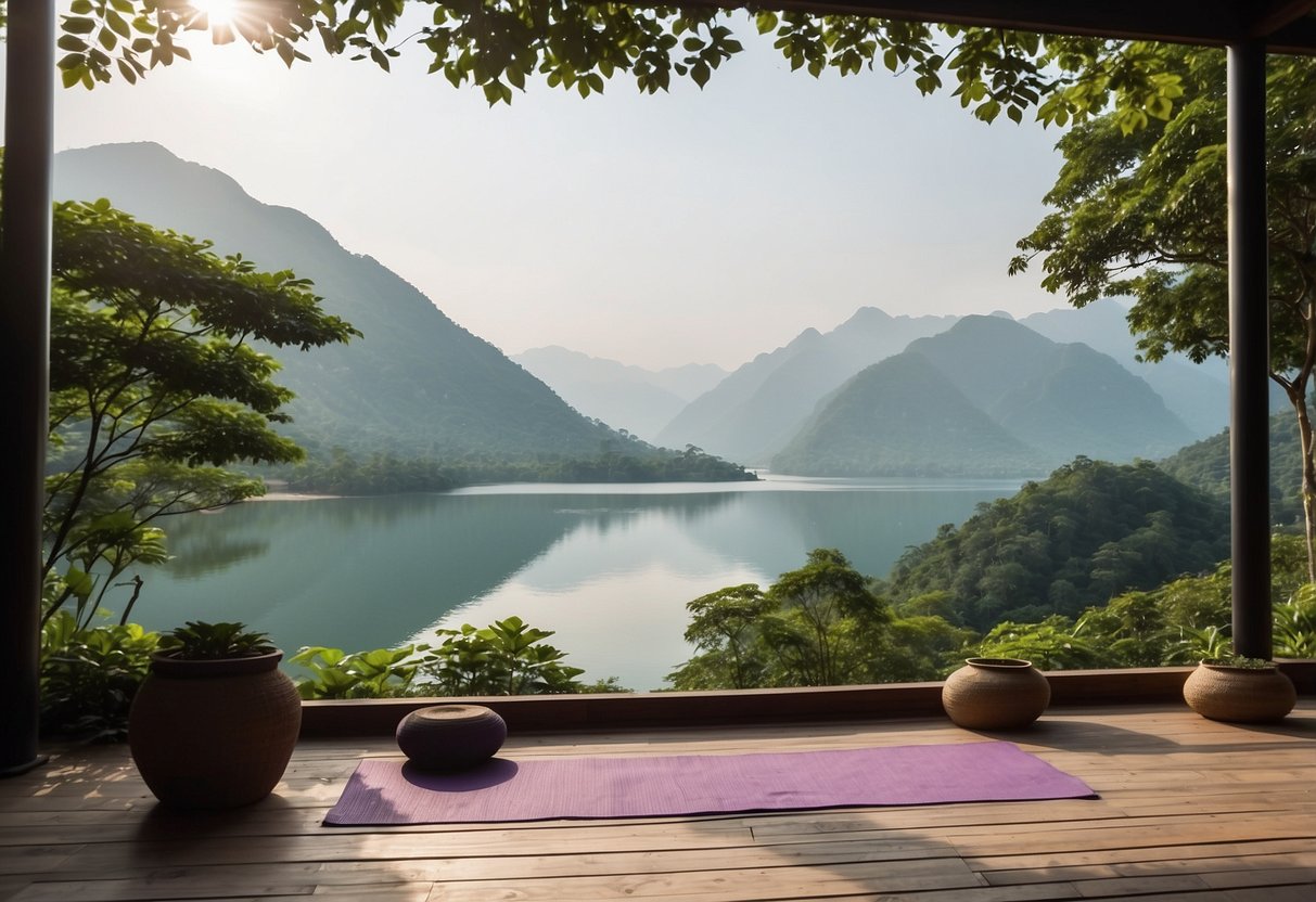 Lush greenery surrounds a serene yoga platform overlooking a tranquil lake in Asia. Mountains rise in the distance, creating a breathtaking backdrop for outdoor yoga practice