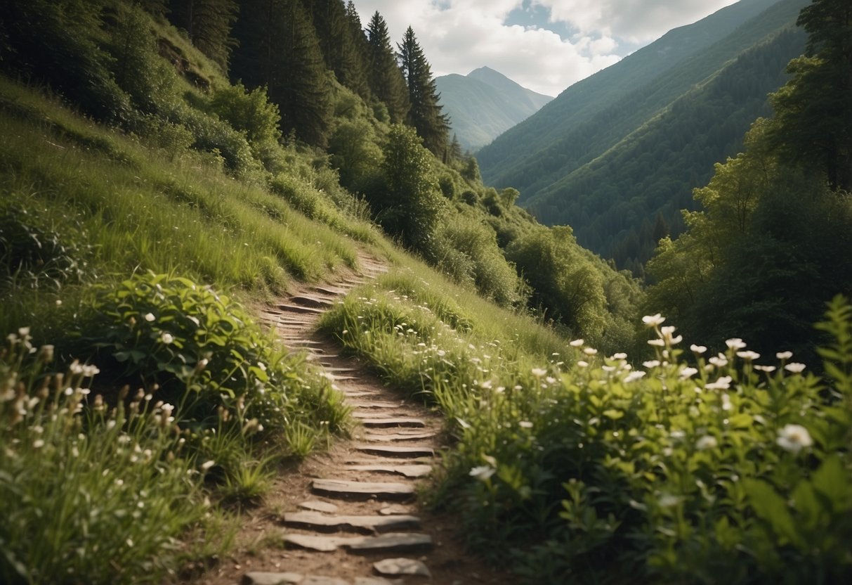 A serene mountain path winds through lush greenery, with a clear view of the surrounding landscape. The trail leads to a peaceful yoga spot in the heart of nature