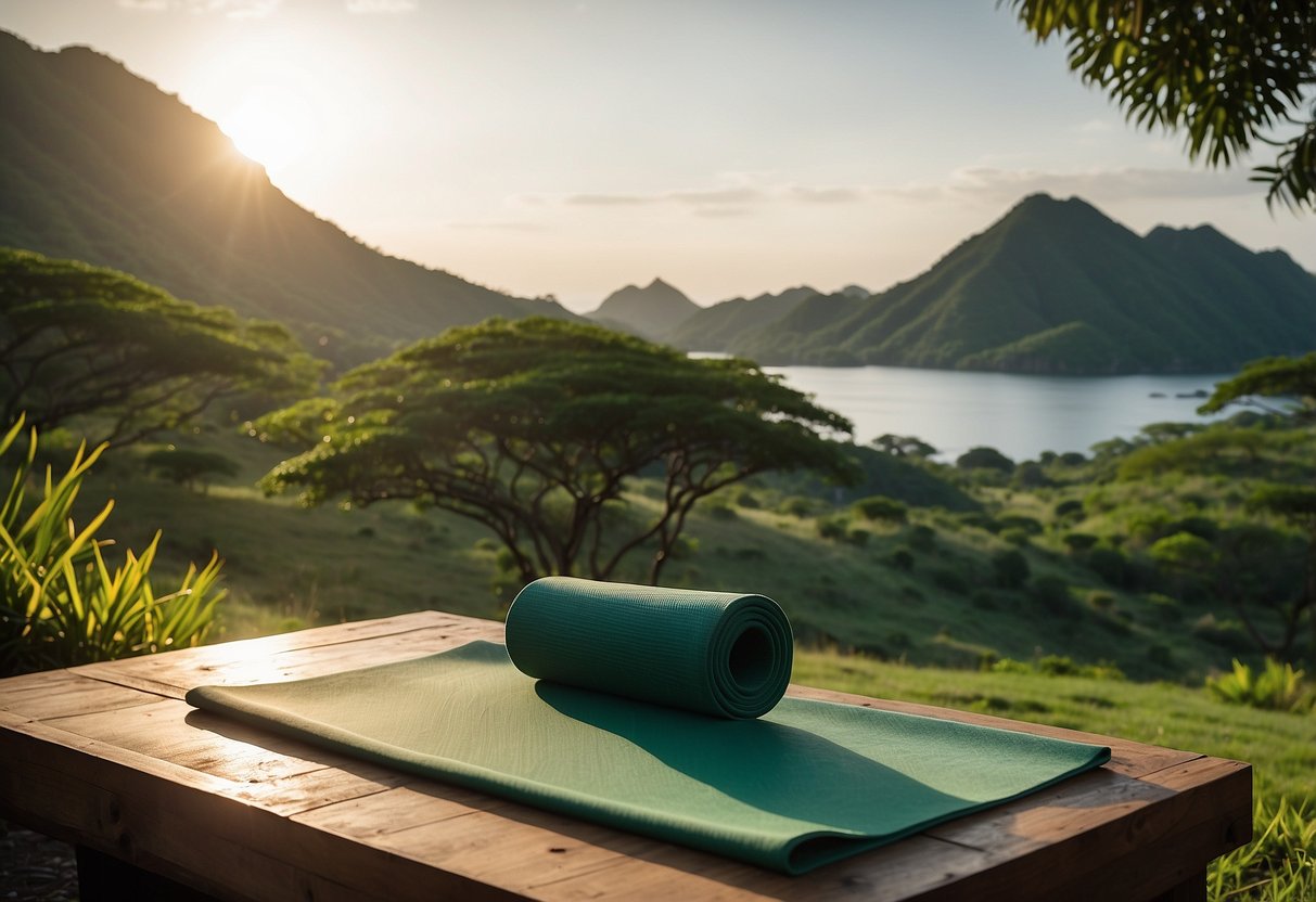 A serene morning scene at Komodo National Park, with yoga mats laid out on the lush green grass overlooking the crystal-clear waters. The sun rises in the distance, casting a warm glow over the picturesque landscape