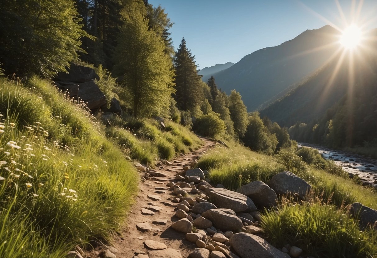 A serene mountain path with lush greenery, a flowing river, and a clear blue sky. The sun is shining, casting a warm glow on the landscape