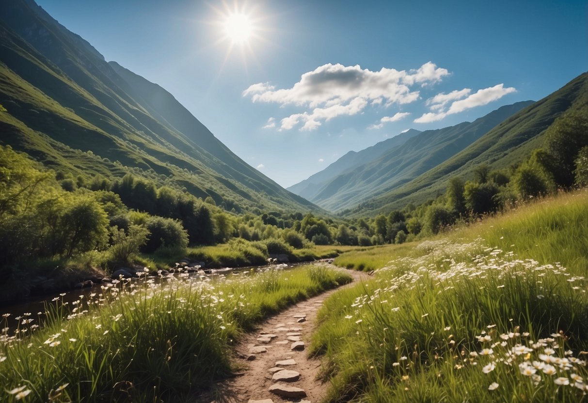 A serene mountain landscape with a winding trail, lush greenery, and a clear blue sky. A tranquil river flows nearby, surrounded by blooming flowers and chirping birds