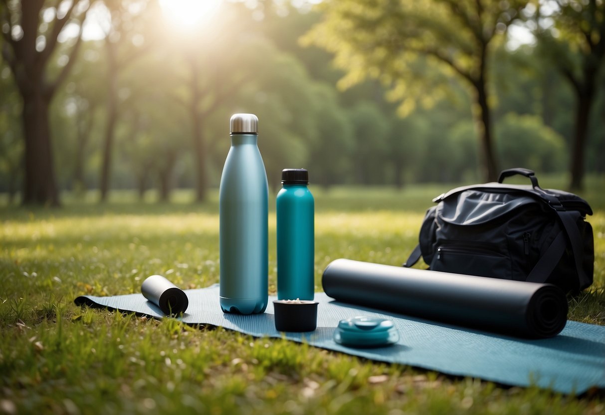 Yoga mat laid on grass, surrounded by trees. Reusable water bottle and snack container nearby. Separate bins for recycling and trash. Nature scene with minimal waste