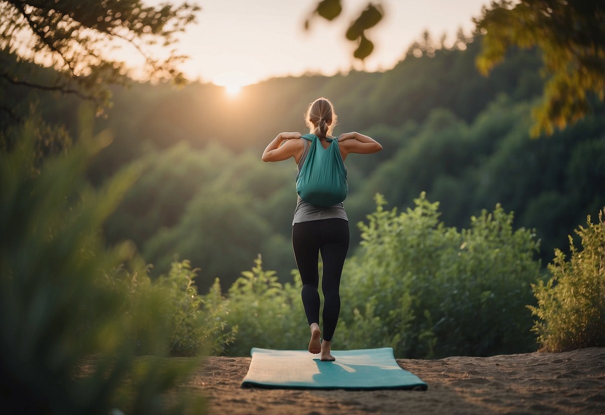 A person carries a reusable mat bag while practicing outdoor yoga, surrounded by nature and using eco-friendly props