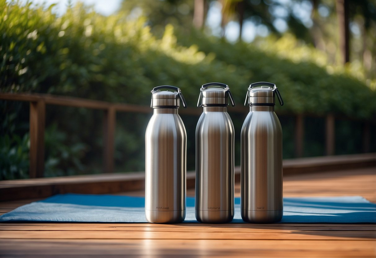 Stainless steel water bottles arranged neatly on a yoga mat in a serene outdoor setting, surrounded by lush greenery and clear blue skies