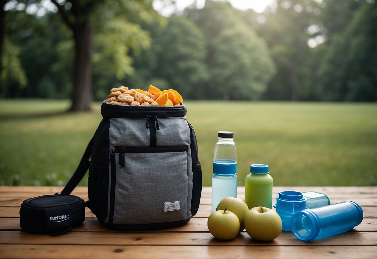 Reusable containers filled with snacks, placed in a backpack next to a yoga mat and water bottle. Outdoor setting with trees and clear skies