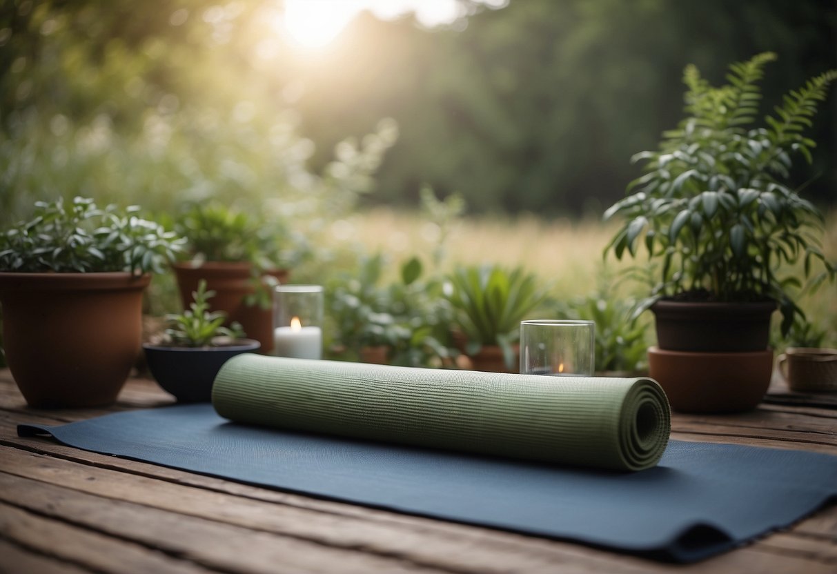 A serene outdoor setting with a yoga mat made from sustainable materials, surrounded by natural elements and minimal waste