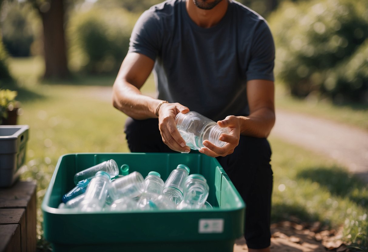 A person placing plastic bottles and cardboard boxes into a recycling bin in a serene outdoor yoga setting